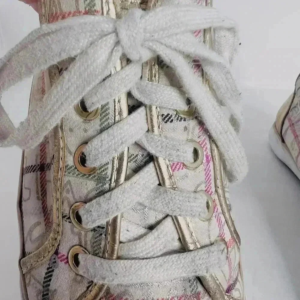 Coach Barrett Cream Multicolored Plaid Gold Leather Sneakers Canvas Size 9.5 - Picture 5 of 12